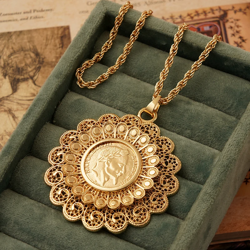 Round Flower Shape Coin Pendant for Women Algerian Wedding Necklace 60cm Long Chain Napoleon Figure French Coin Jewelry