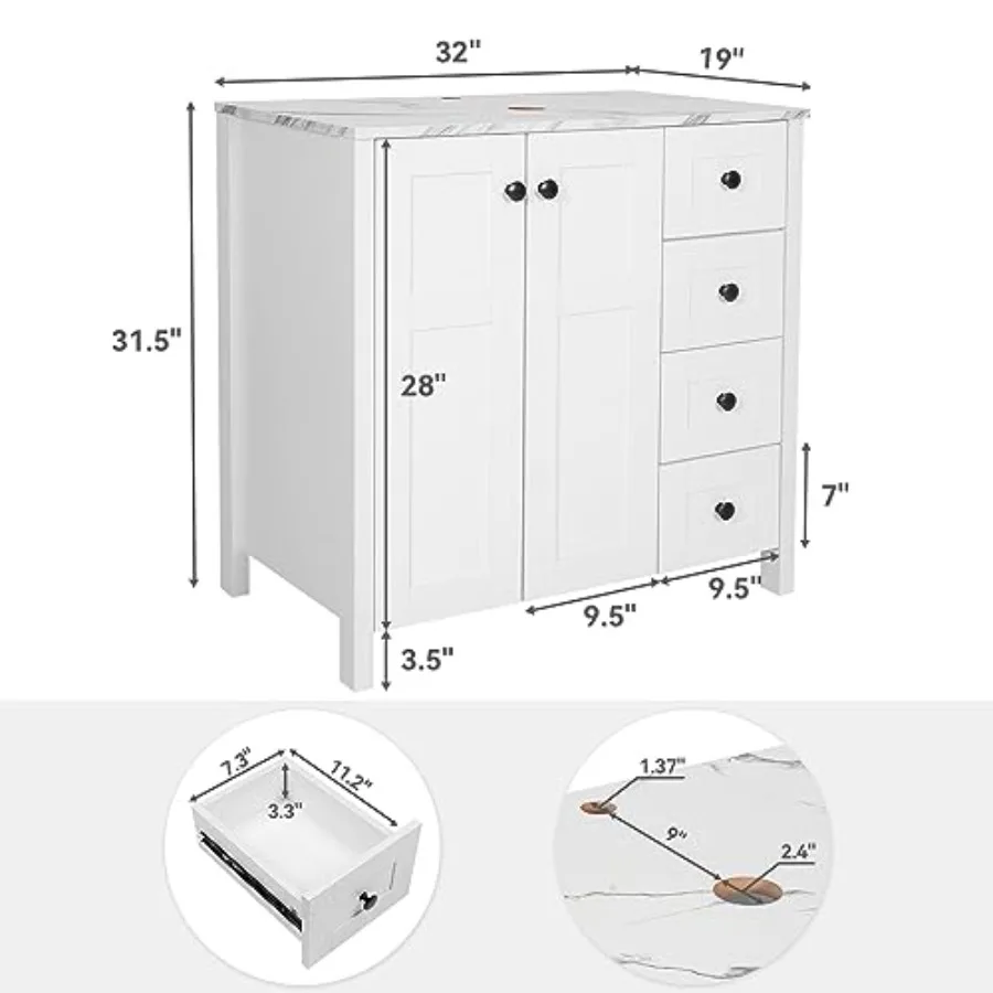 32 Inch White Bathroom Vanity with Marble Texture Top and 4 Drawers, Featuring Marble Boat Ceramic Sink