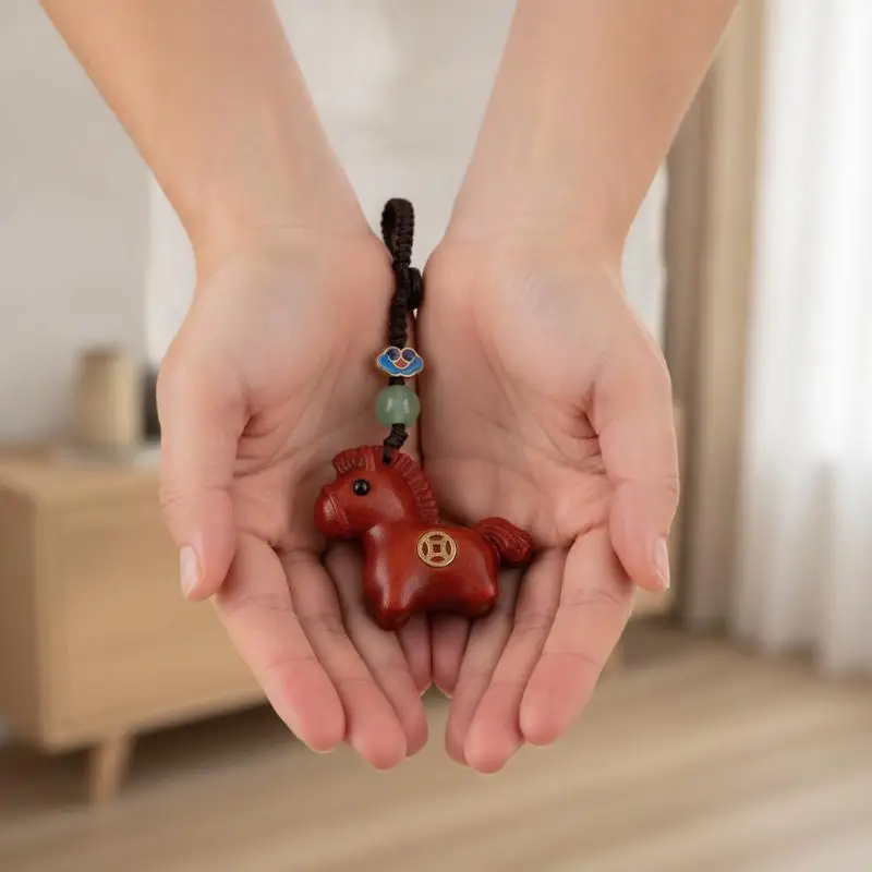 Wooden Horse Keychain Lightweight Handmade Traditional Cartoon Pendant Lucky Mascot for Daily Carry Use