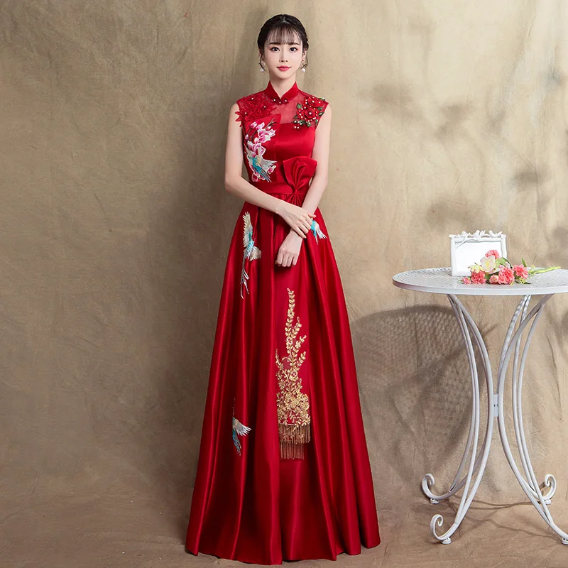 

Bride Long Evening Gown Retro Lace Stand Collar Wedding Reception Performance ow off Dr Ele Classy Fem Faion