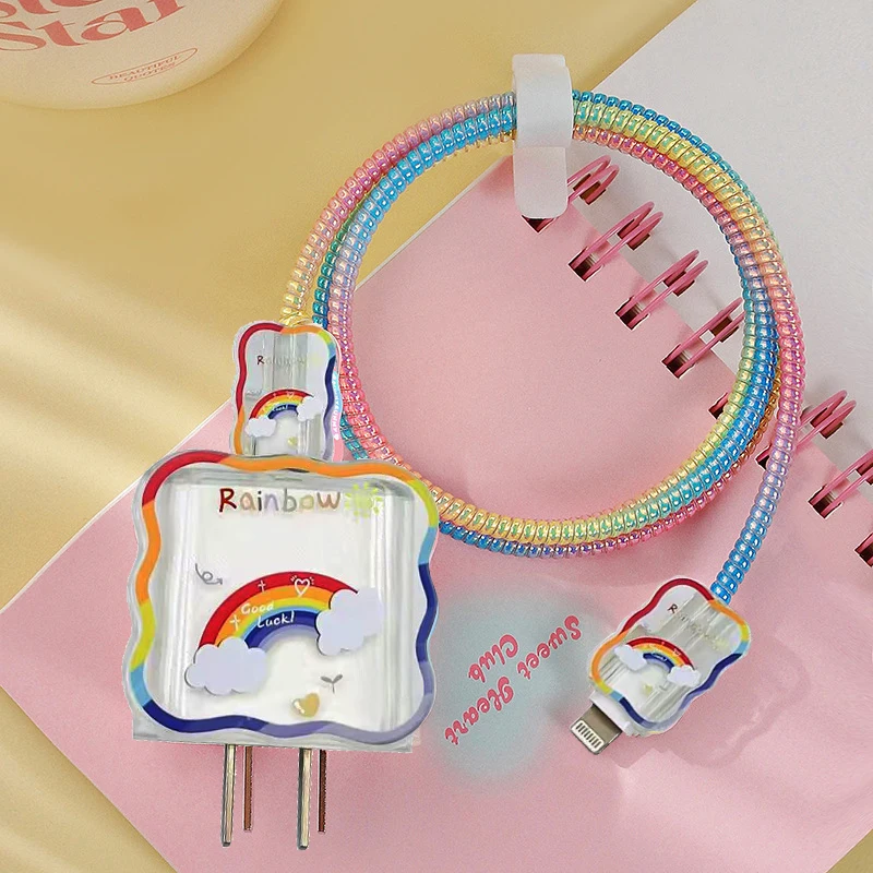 Fashion Rainbow USB Cable Protection Fast Charger Protector Cover For iphone 18W/20W Original Adapter Case Data Cord Protective