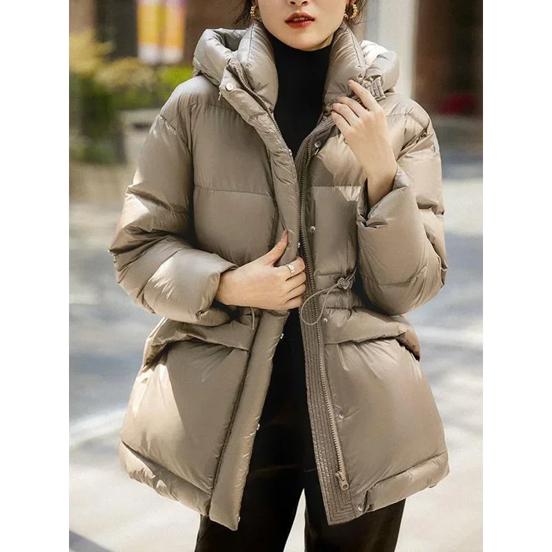 Winter Jackets Woman 2024 Drawstring Waist Stylish and Warm Woman Coat White Duck Down Jacket Hooded  Loose Casual Down Jacket