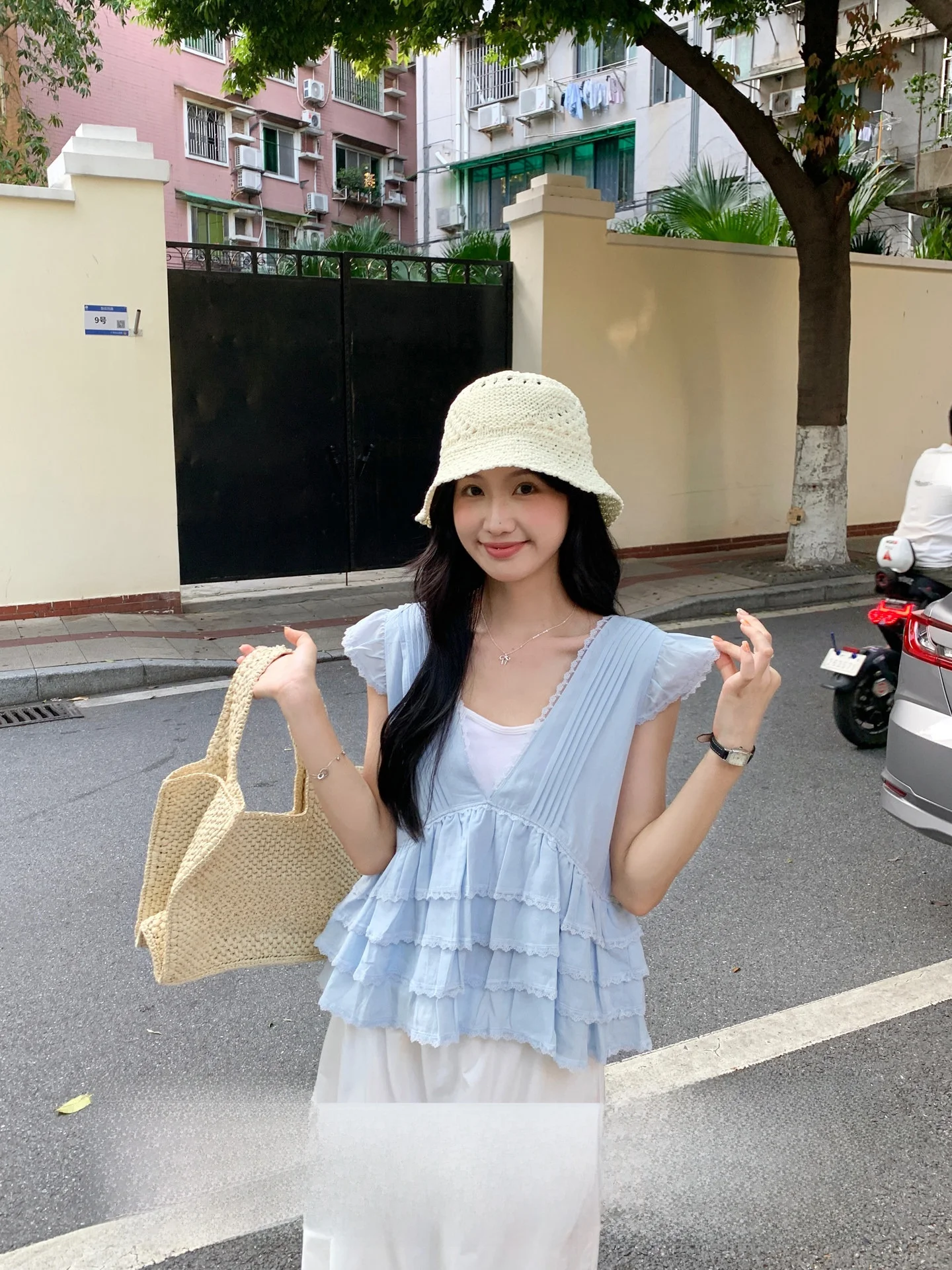 

Женская летняя многослойная блузка Cheese Rabbit с V-образным вырезом, кружевной отделкой и завышенной талией, в корейском стиле, для повседневной носки, с коротким рукавом