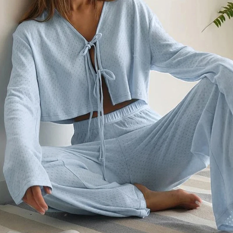 Breathable Jacquard Long-Sleeved Exposed Navel Lace-Up Pajamas And Trousers Two-Piece Lady Versatile Suit Autumn Loungewear Suit