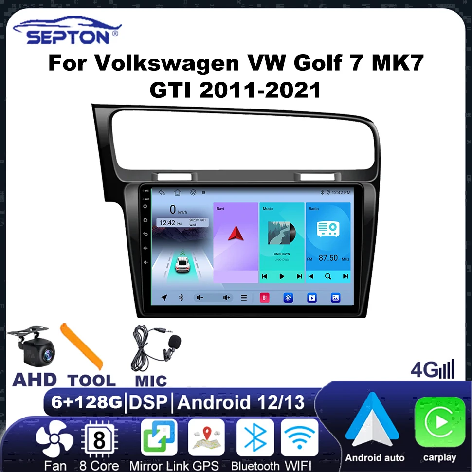 SEPTON Car Screen Radio Carplay Android Auto for Volkswagen VW Golf 7 MK7 GTI 2011-2021 Carplay GPS 2Din Head Unit Vehicle Audio