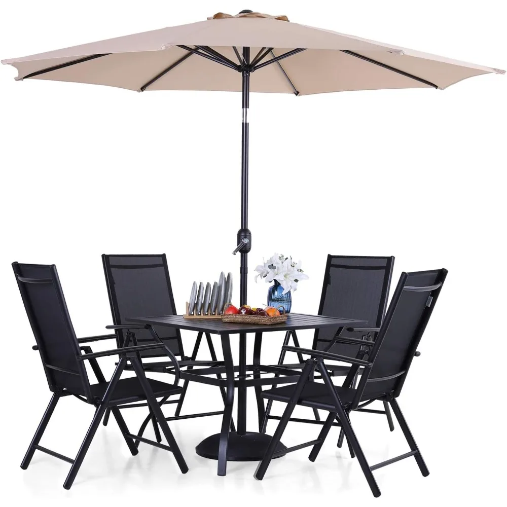 

Outdoor Patio Dining Set for 4 with 9 FT Patio Umbrella, Patio Table and Chairs Set with Adjustable Patio Folding Chairs & Outd