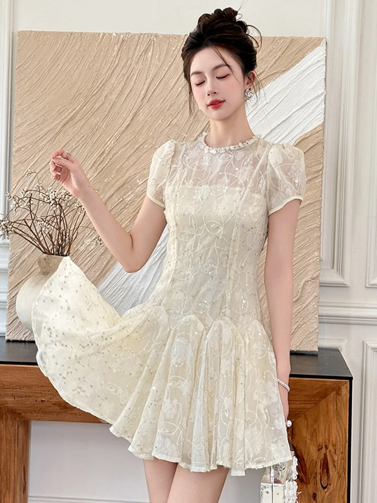 ชุดเดรสเซ็กซี่หรูหราสำหรับผู้หญิง ออกเดท ผ้าซีทรู ปักลายดอกไม้ แต่งระบาย ทรงบอลกาวน์ ประดับกลิตเตอร์ สวยสง่า สำหรับงานปาร์ตี้ คลับ