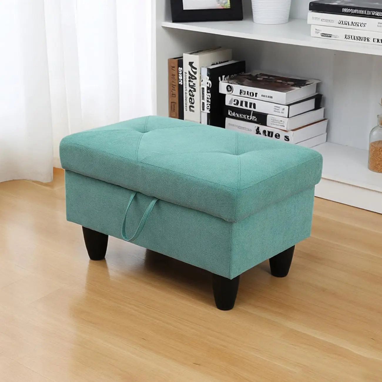 28.5 Inch Large Square Storage Ottoman Bench, Blue Aqua Linen Footstool and Coffee Table with Thick Cushion, Multipurpose Foot Rest for Entryway, Living Room, Bedroom, RV, Loft, and Home Decor
