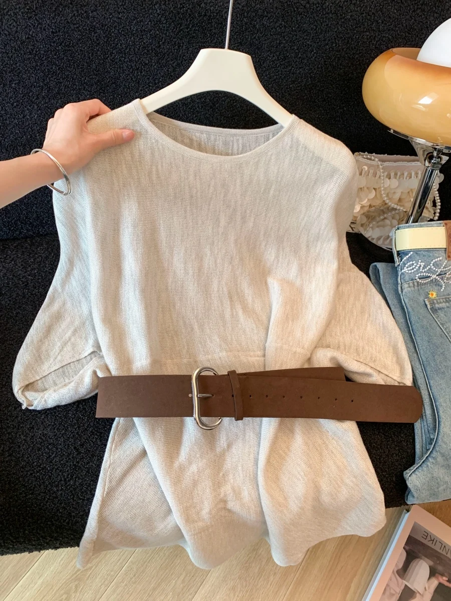 

Women's Summer Thin Knitted round Neck Sweater Versatile Air Conditioner Top with Belt Korean Style Loose Fit Short Sleeve