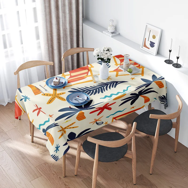 Vibrant Beach Tablecloth Blue Palm Tree Starfish Design for Home Dining Tables Decorations in Red Yellow Orange White Colorful P