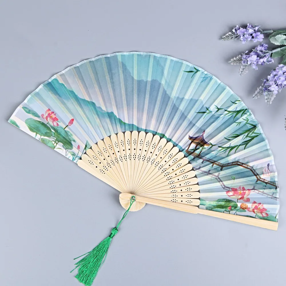 Bamboo Chinese Japanese Folding Fan Vintage Style Tassel Elegent Female Fan Folding Fan Hand Fan Silk Shank Classical Dance Fan