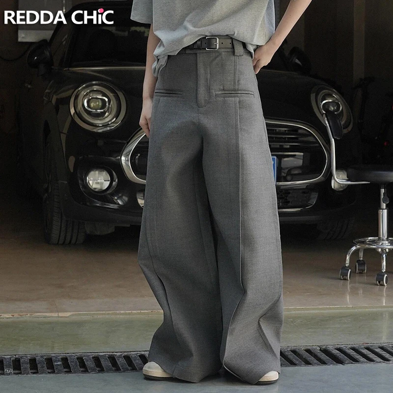 ReddaChic Plus Size Women's Casual Wide Palazzo Pants Cleanfit Solid Pleated Slant Pockets Work Trousers Office Korea Clothes