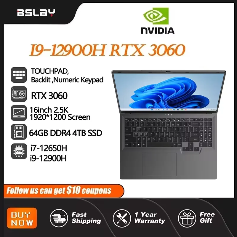 휴대용 게임용 노트북 PC, 인텔 코어 i9-12900H, NVIDIA RTX 3060, 6G 컴퓨터, 64GB DDR4 4TB SSD HD 카메라, WiFi5 BT5.2, 16 인치