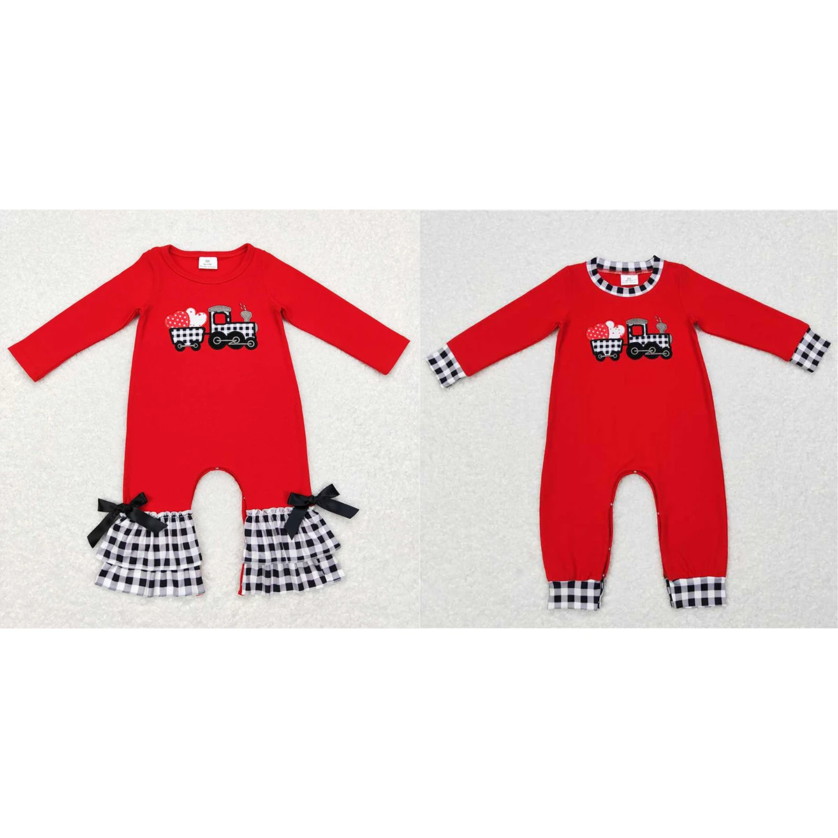 

Wholesale Newborn Toddler Valentine's Day Embroidery Love Tractor Black And White Check Lace Red Long-sleeved Onesie Rompers