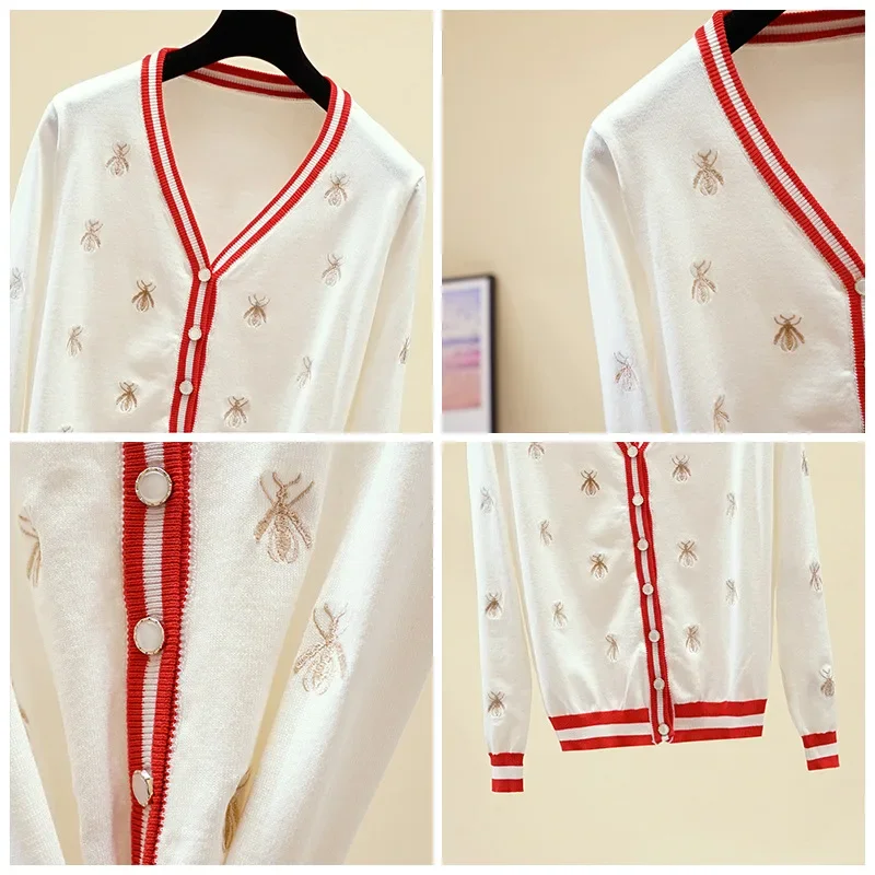 High Quality Fashion Designer Bee Embroidery Cardigan Long Sleeve Single Breasted Contrast Color Button Knitted Sweaters