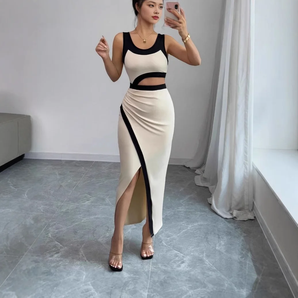 

Sexy Summer Color Blo Slim Fit Strapl Dr High Waist Par Gown Polyester Fabric No Sve U Neline Wrap around Sle