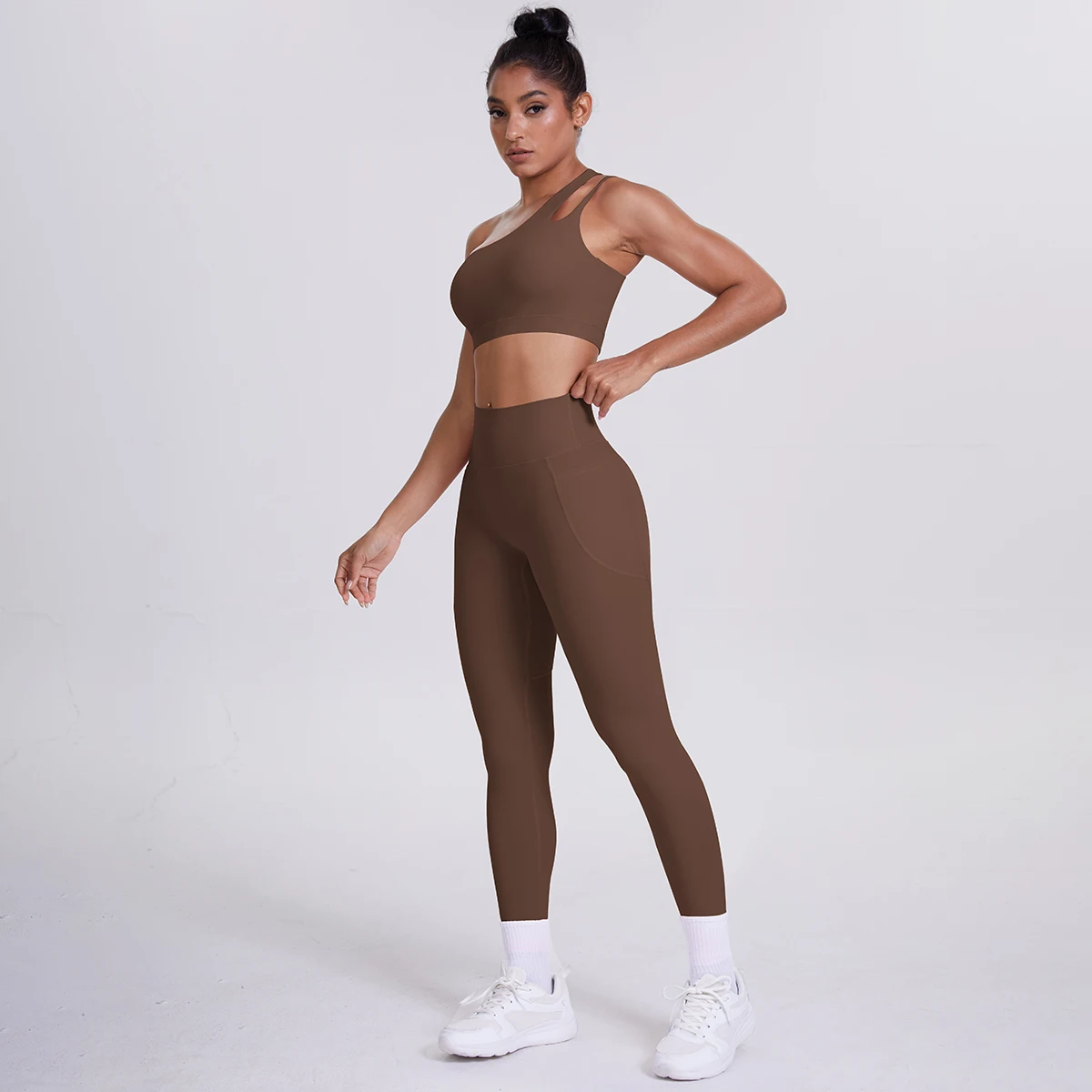 2-teiliges einfarbiges Sport-Yoga-Set für Damen, sexy, schräger Schulter-BH, Fitness-Top, Laufen, Radfahren, Taschen, Hosen, Fitnessstudio, Yoga-Set – Detail 7