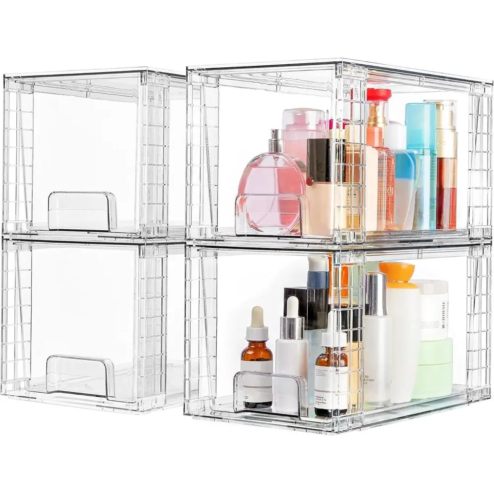 

4 Pack Large Stackable Storage Ders,Easily Assemble Acrylic Bathroom Closet Undersink Organizers and Storage,Plastic Bins or Kit