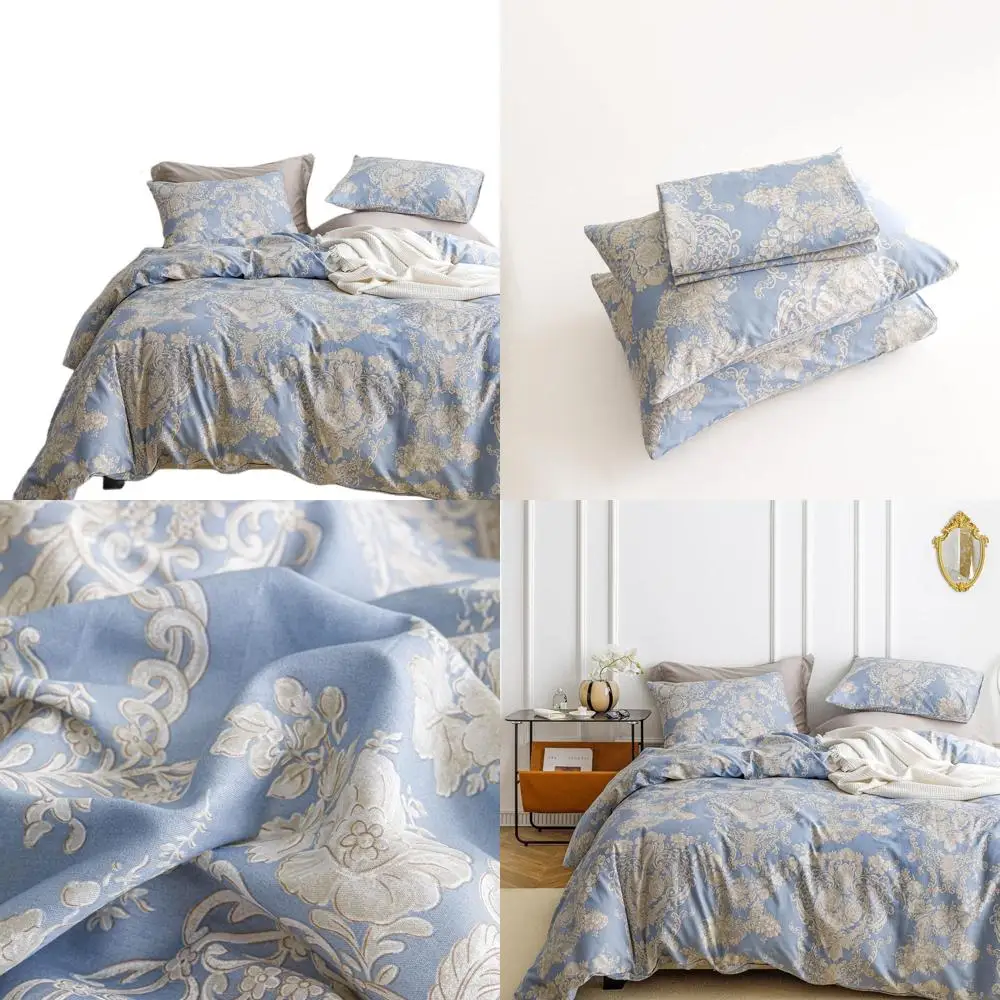 

Queen Size Damask Floral 100% Cotton 3-Piece Bedding Set with Zippered Vintage Beige Duvet Cover and 2 Pillowcases in Grayish Bl