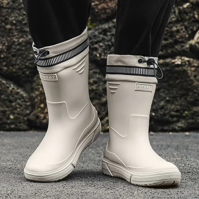 Windproof Rain Boots Men Leather Mid-calf Rainboots Fashion Black Elastic Band Rain Shoes Men Waterproof Work Boots