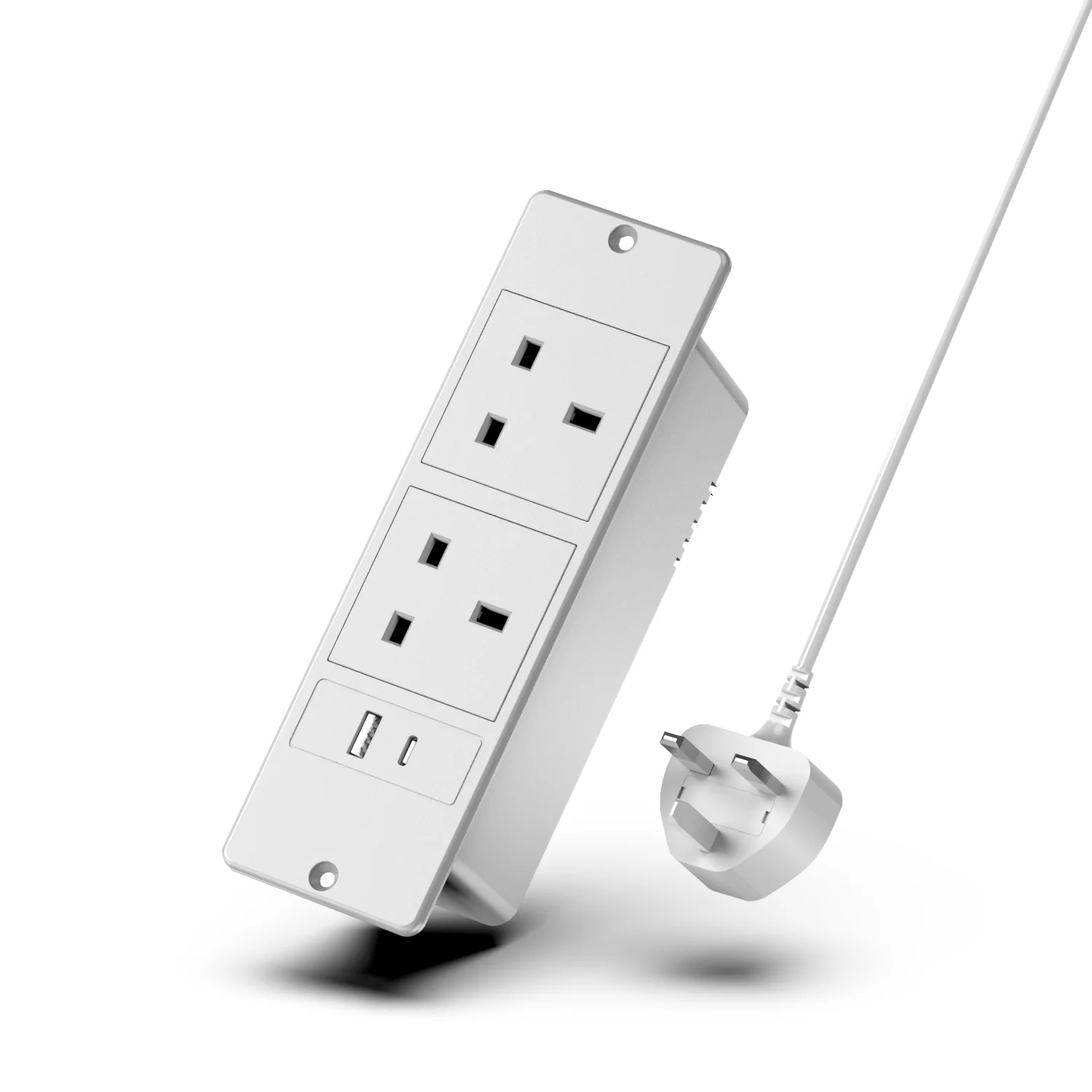 UK Plug Recessed Power Strip 2 Outlets USB-C/USB-A 1.5M/59.05IN Power Cord Space-Saving Easy Install for Desk/Counter/Furniture