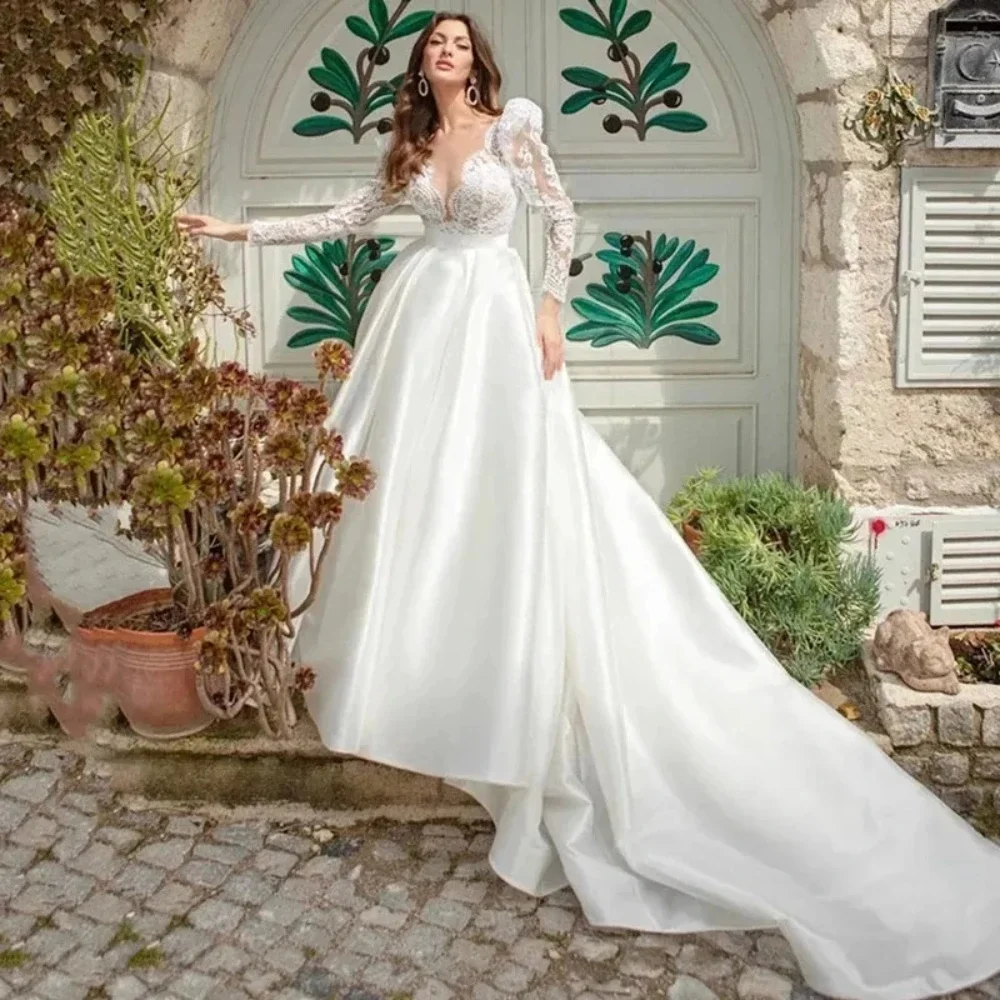 

Luxury A Line Satin Wedding Dress Sexy Deep V Neck Long Sleeves Bridal Gown Custom Made Princess Bride Dresses