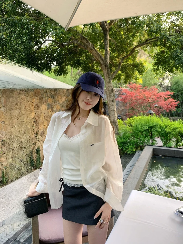 

Женская белая солнцезащитная рубашка-жакет Hhi, летняя новинка, свободный крой, повседневный элегантный стиль, модный топ с длинными рукавами и воротником