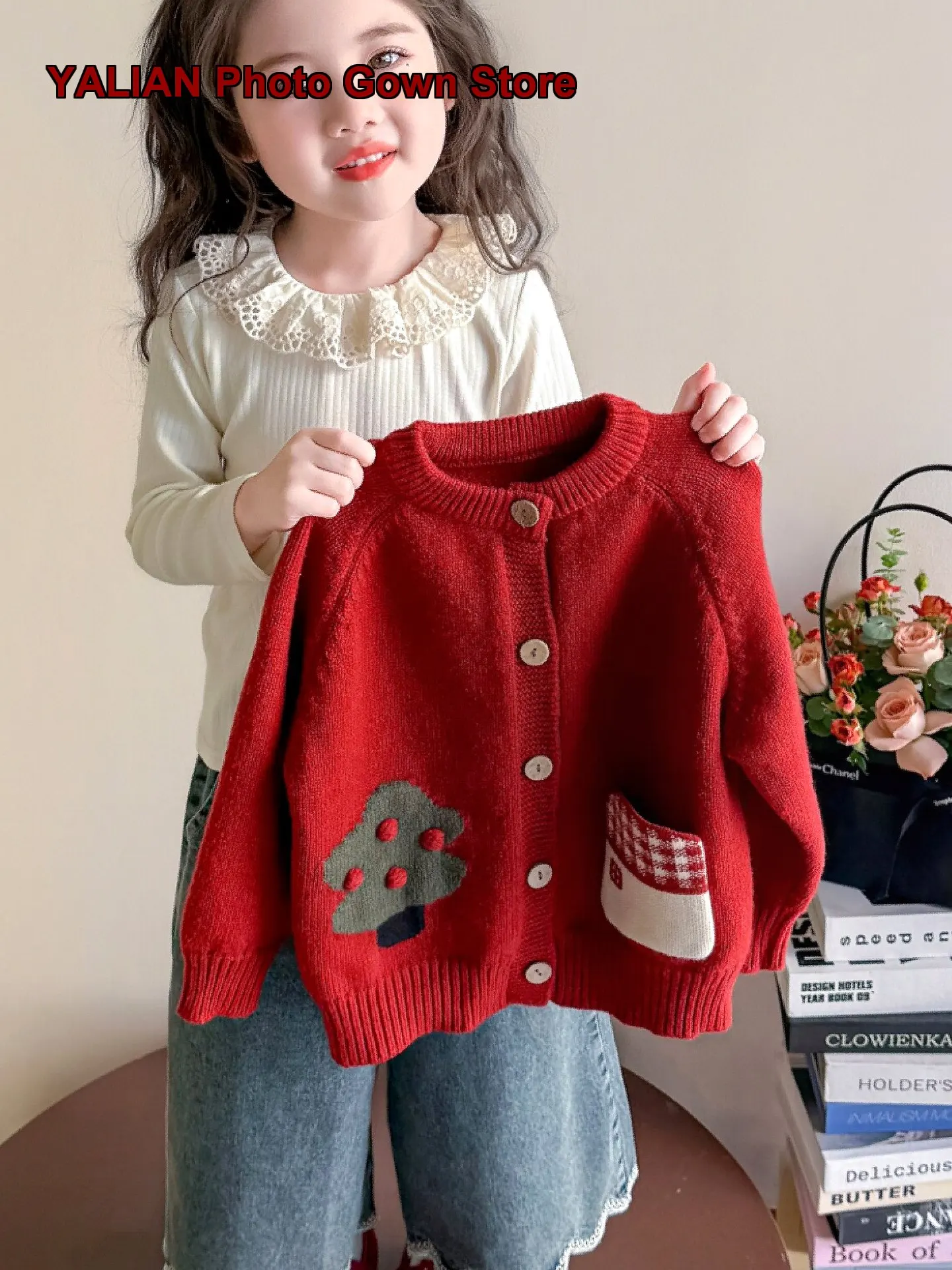 Girls Spring Autumn Knit Cardigan Baby Christmas Geometric Pattern Coat Kids