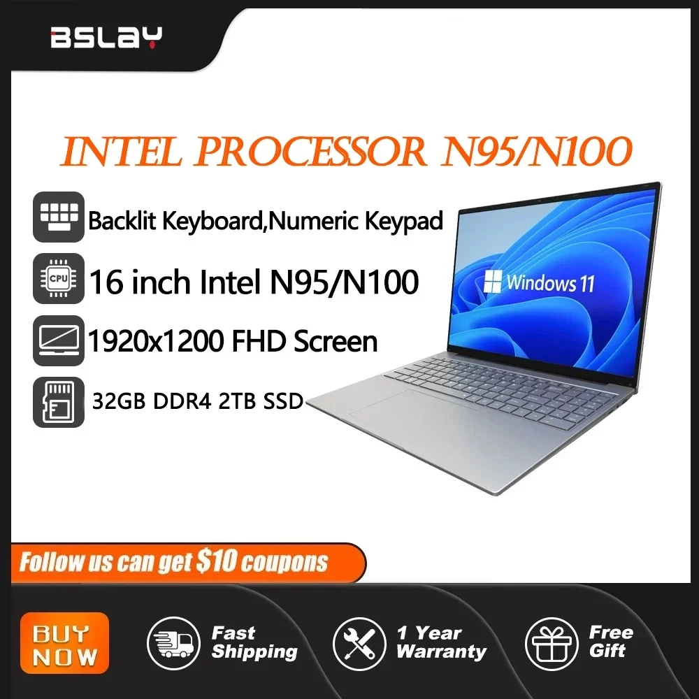 Laptop portátil com teclado retroiluminado, desbloqueio de impressão digital, câmera HD, N95, N100, 32 GB, DDR4, 2TB SSD, 3,4 GHz, 16 in