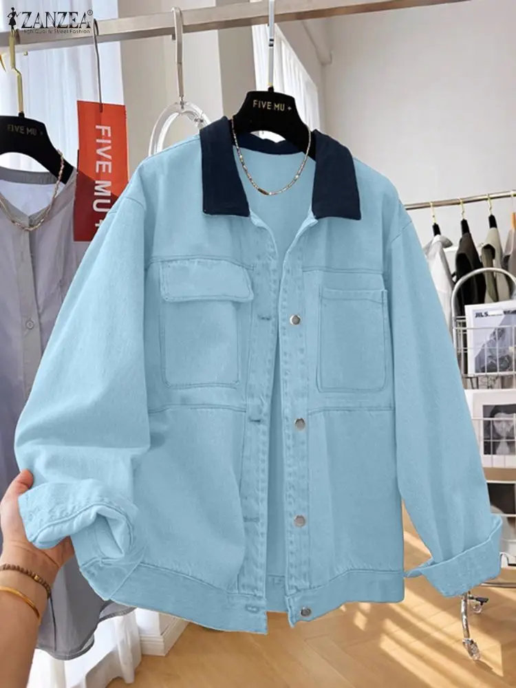 

ZANZEA Color-Blocked Vintage Jackets Woman Autumn 2025 Turn-Down Collar Long Sleeve Button Up Cargo Jackets Womens Outerwear 3XL