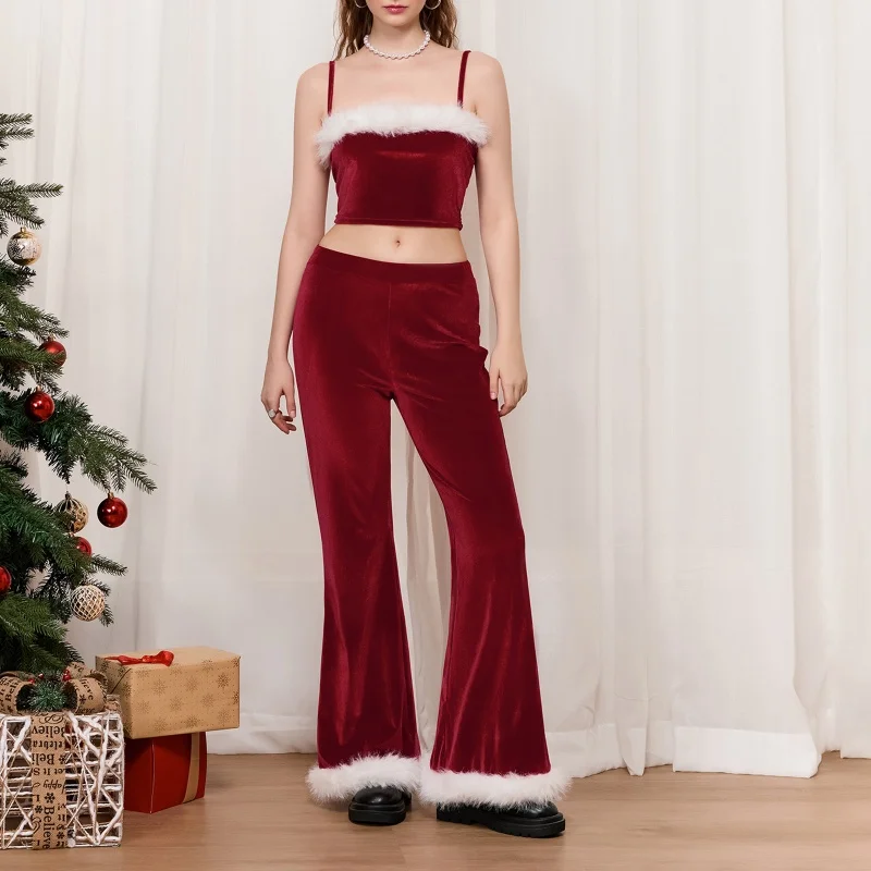 Women Christmas Outfit Set Santa Cosplay Costume Plush Trim Patchwork Strapless Tube Tops Elastic Waist Long Pants Party Clothes