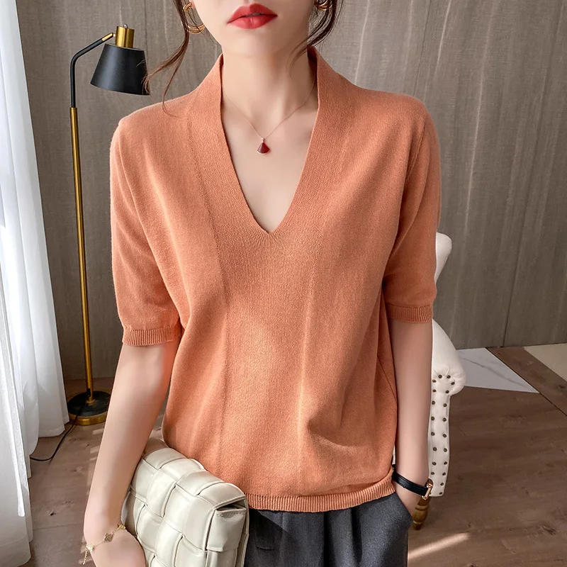 100% cotton thread low V-neck sweater loose plus size five-point short-sleeved summer top T-shirt