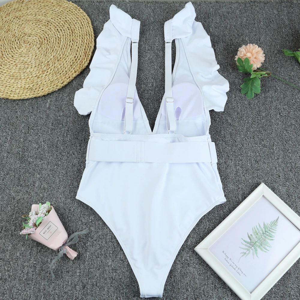 Sexy Ruffle Deep V Neck 2025 Solid Bikini Set Women Vintage One Piece Swimwear Female Swimsuit Backless Bathing Suit Beachwear