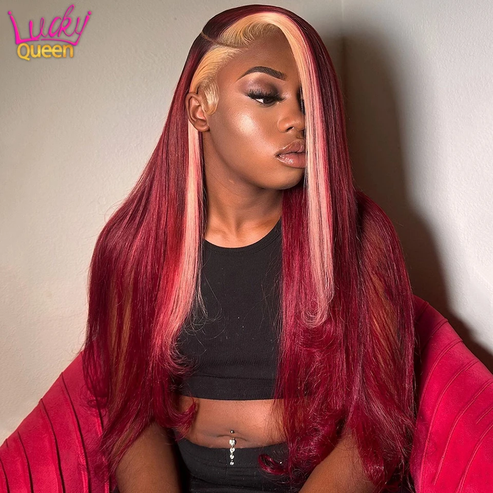 

Red Color With Blonde Streak Lace Front Wigs Human Hair 13X4 13x6 Transparent Lace Frontal Straight Wigs Pre Plucked 180%