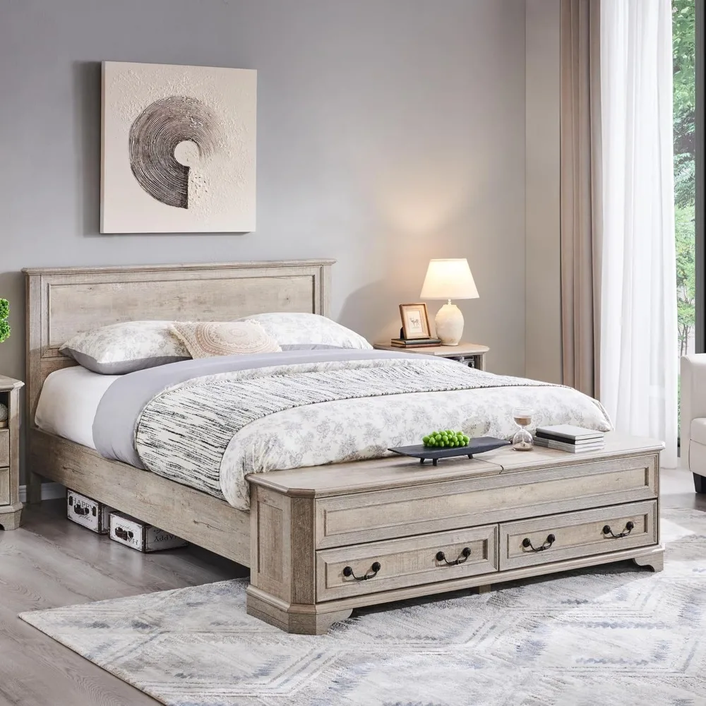 

Rustic Farmhouse-Style Queen Bed with Headboard, Storage Bench, and 64" Large Drawer Chest