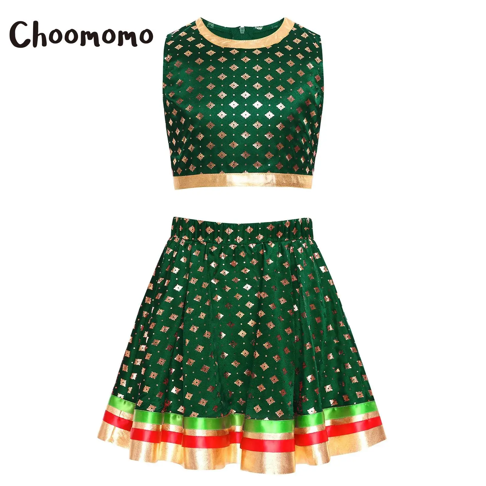 

Girls India Lehenga Choli Dance Outfit Satiny Brocade Zipper Cropped Tank Top And Striped Hem Skirt Indian Princess Costume Suit