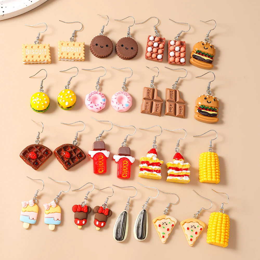 Aihua New In Women Earring Resin Funny Food Earrings French Fries Cookies Ice Cream Bread Hot Dog Pizza Chocolate Girl Kids Gift