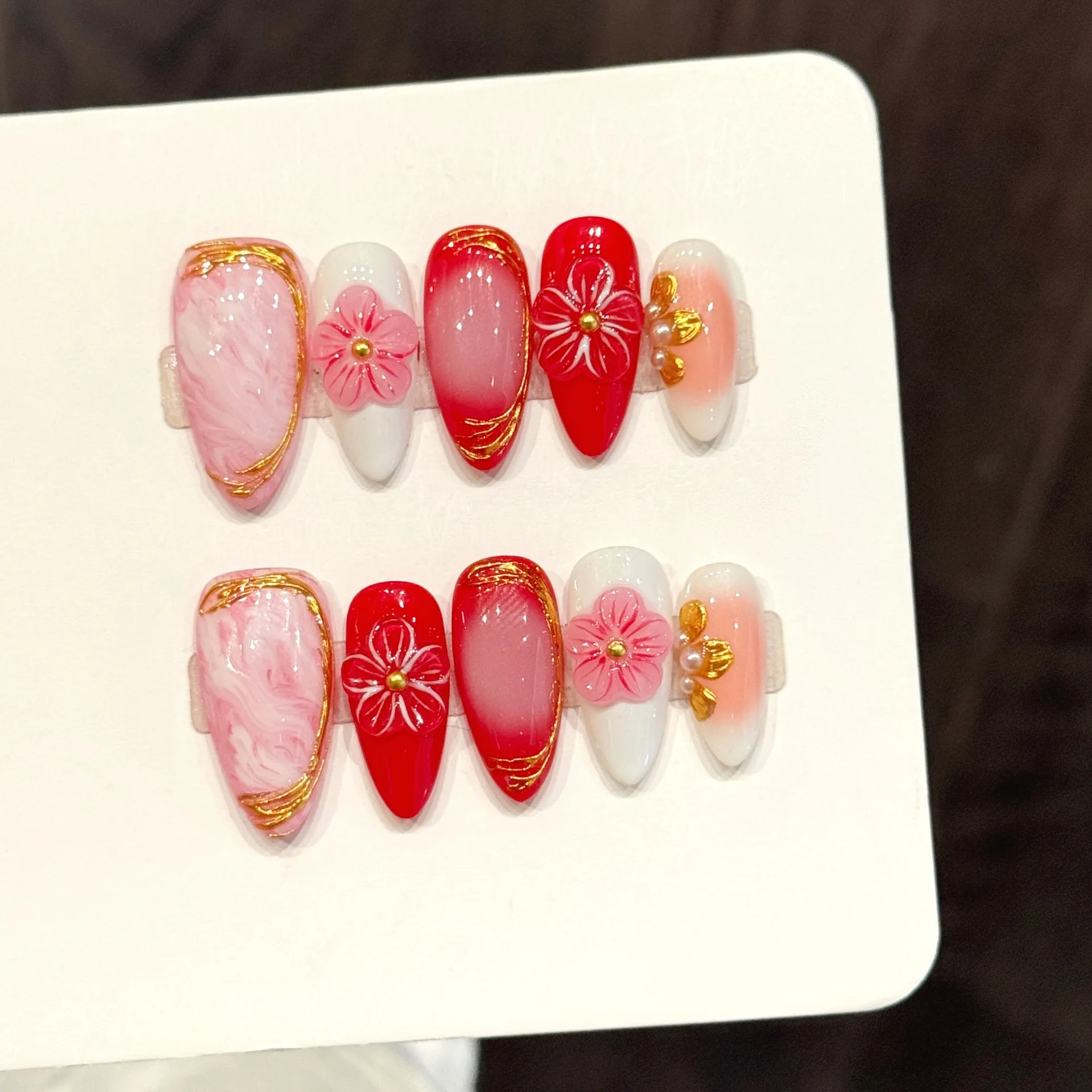 10PCS Handcrafted Pink to Red Ombre Fake Nails Gold Floral Carved Almond Shape Press on Nails With 4-PIECE Tool Adhesive Nail