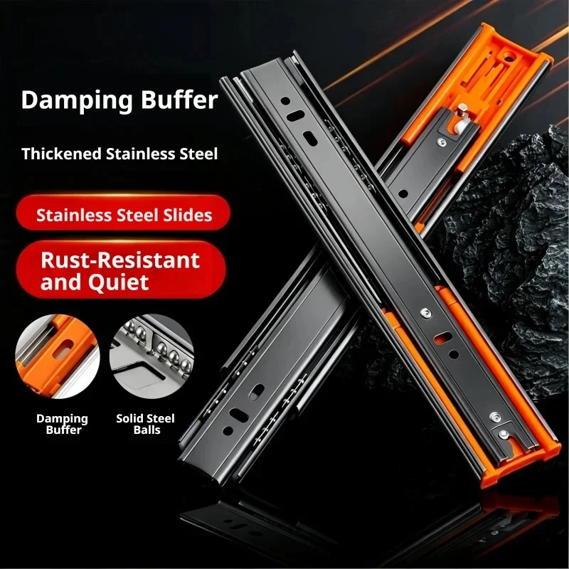 Household Cabinet Heavy Duty Thickened Stainless Steel Drawer Slides Silent 3 Section Damping Buffer