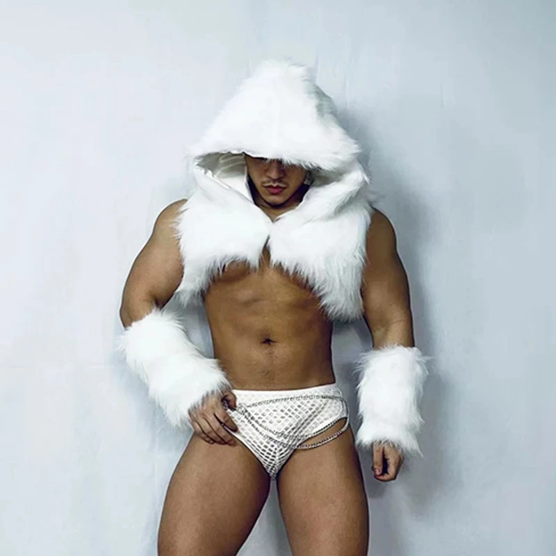 Nightclub Party Muscle Man Gogo White Faux Fur Vest Concert Music Festival Costume Men stage show Pole Dance Cosutme