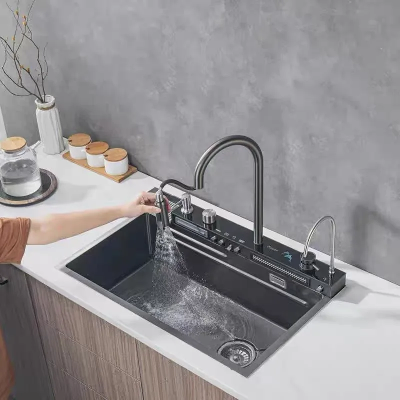 Modern Design Single Bowl Square Basin Kitchen Sink Set 12L Capacity Hand Painted Undermount Stainless Steel Rainfall Apartment