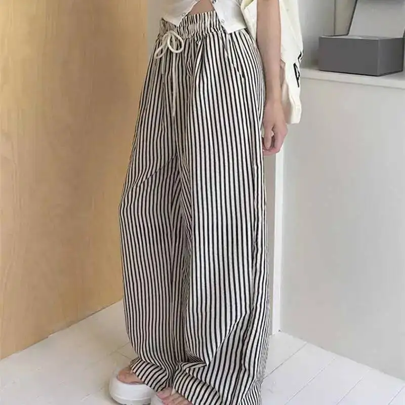 Korea New Style Elegant Lazy Style Slimming Elastic Waist Tie Vertical Striped Casual Wide-Leg Pants Loose Casyal Women 2UON