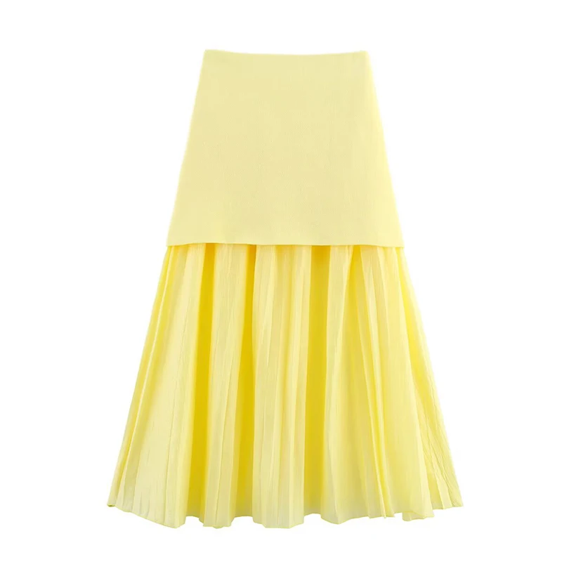 YENKYE Fashion Women Sexy Semi-sheer Pleated Patchwork Knit Long Skirt Vintage Elastic High Waist Elegant Skirts Maxi faldas