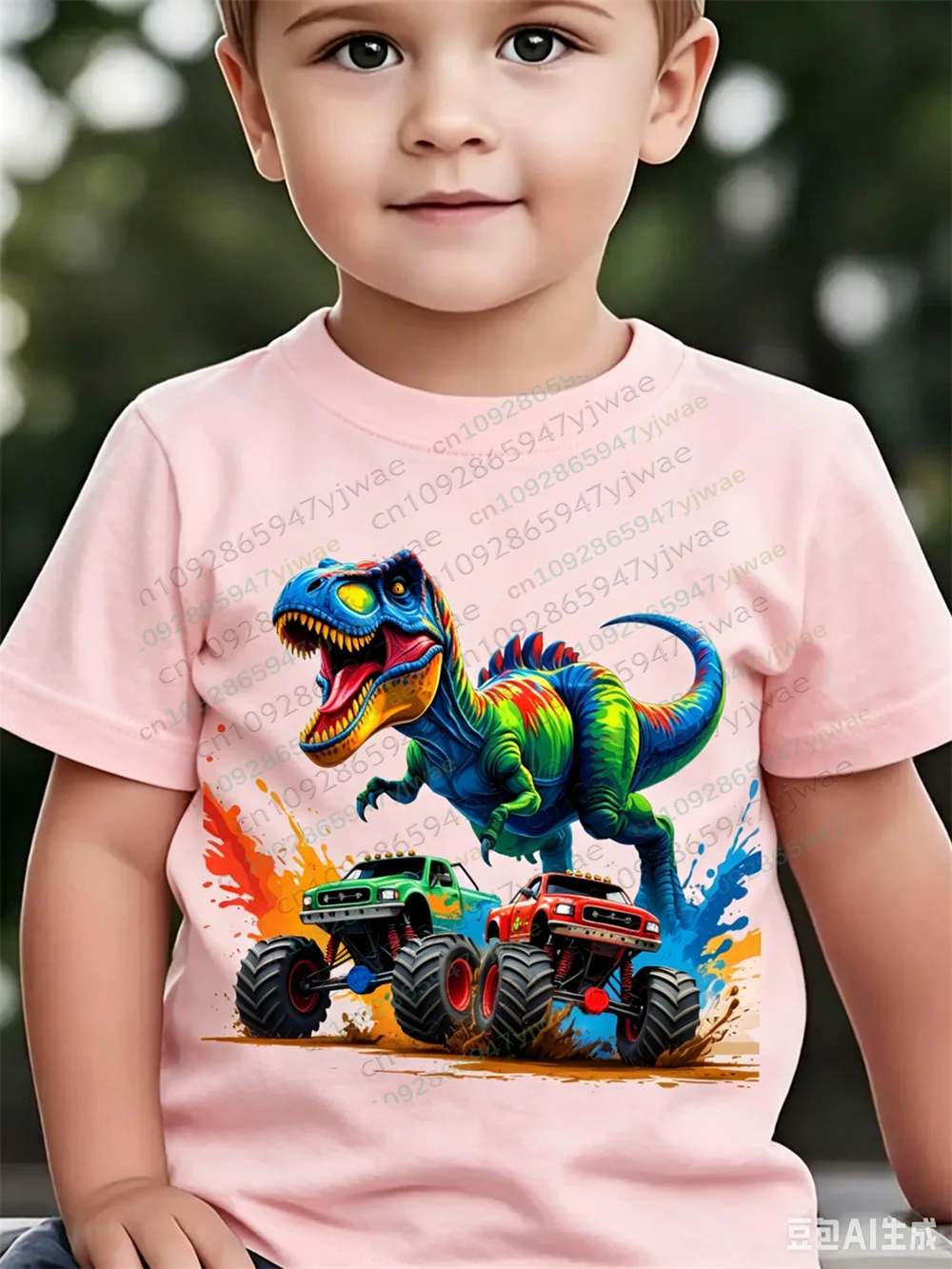 Sommermode für Jungen, kurzärmeliges Hemd, Jurassic Dinosaur Truck, grafisch bedrucktes, kurzärmeliges T-Shirt für Erwachsene und Kinder – Detail 6