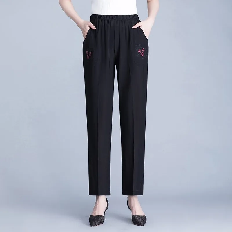 

2024 Middle-aged Women Trousers Spring/Summer Embroidered Flower Black High Waist Elastic Casual Pants