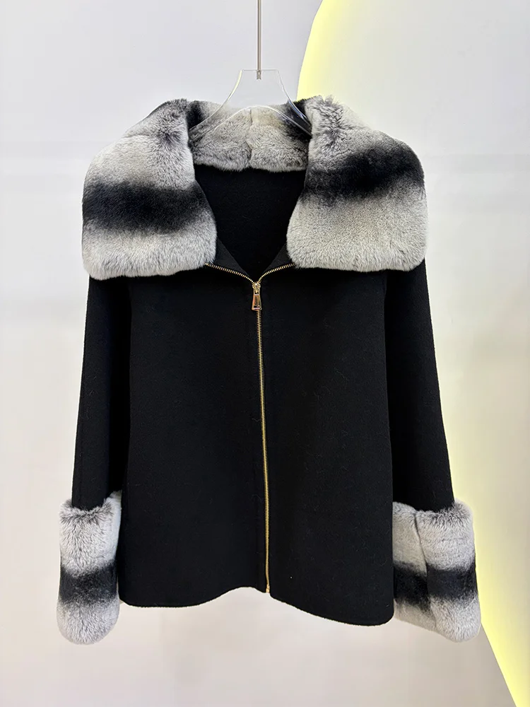 2026 Winter Women's Real Natural Rex Rabbit Fur Collar Coat Wool Cashmere Jacket Luxury Warm Thick Female Coat