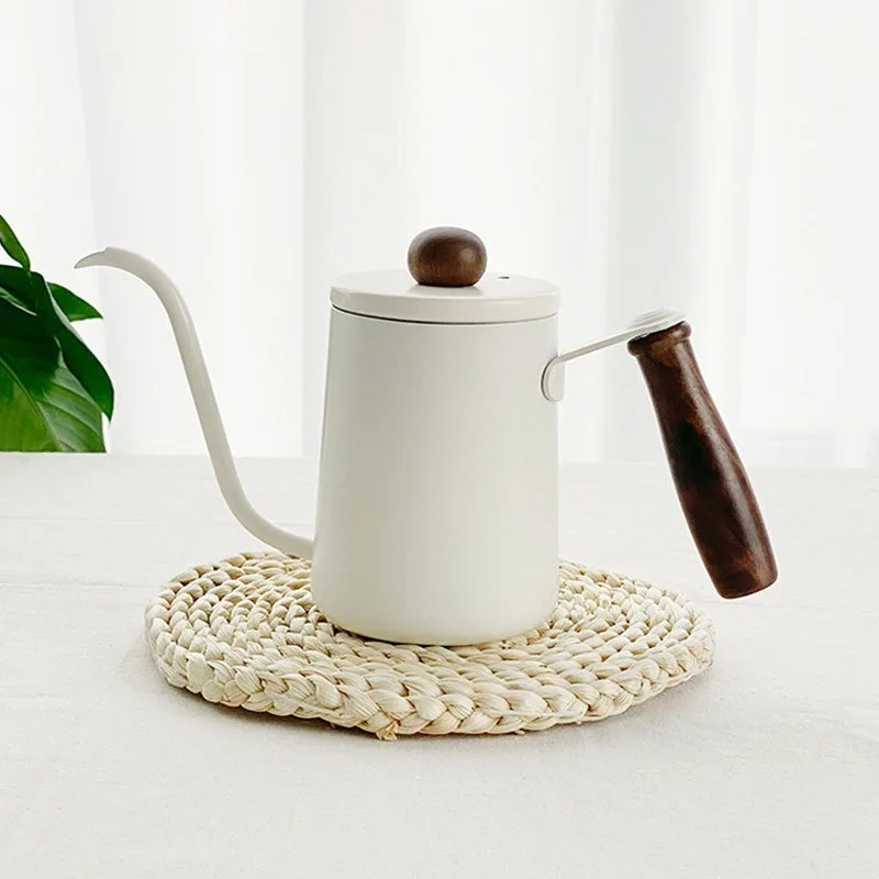 600Ml solid wood handle hand punch coffee pot 304 stainless steel long mouth