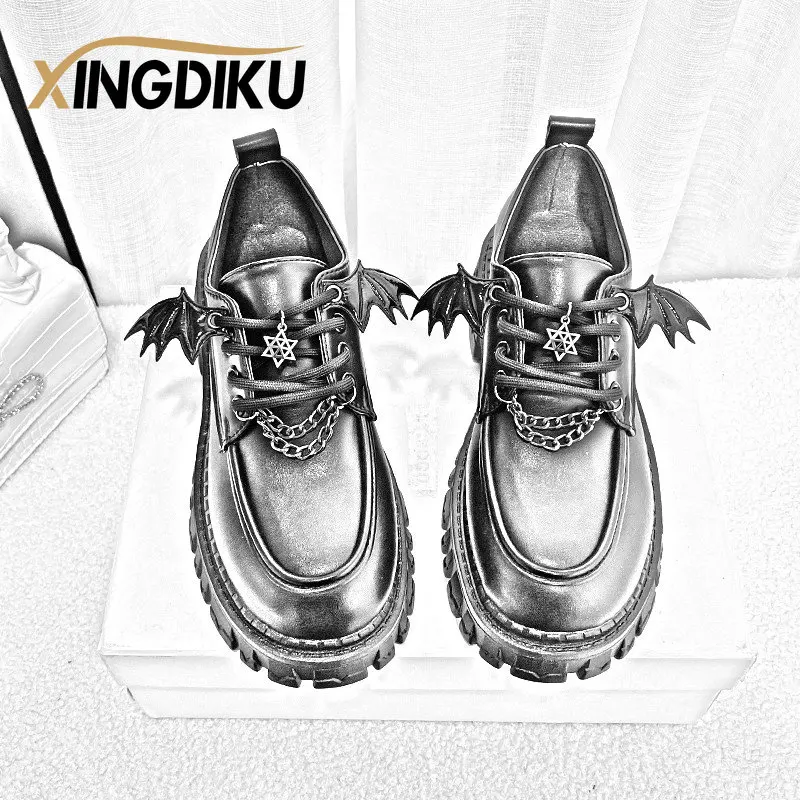 Punk Wind Fashion Single Shoes Autumn New Devil Bat Wings Gothic Women\'s Shoes Thick Bottom Waterproof Platform Metal Chain