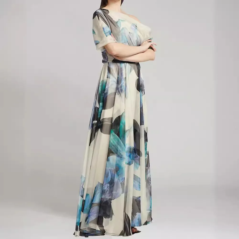 أنيقة بوهو مطبوعة المرأة الصيف فستان طويل مثير قصيرة الأكمام شاطئ فستان الشمس مائل الرقبة مساء حفلة موسيقية ماكسي فساتين Vestidos