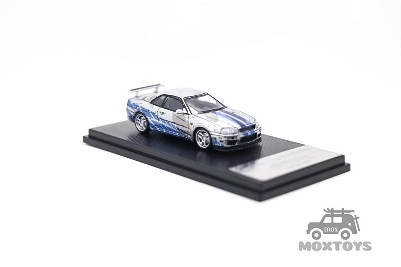 모델 수집 MC 1:64 SKYLINE R34 V-SPEC 실버 블루 셀 쉐이드/최고 비밀 다이캐스트 모델 자동차